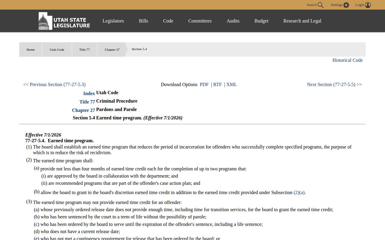 Utah earned-time law used in a Beaver County release date lookup